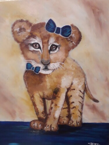 Painting titled "Leo le petit lionce…" by Odalix, Original Artwork, Acrylic Mounted on Wood Stretcher frame