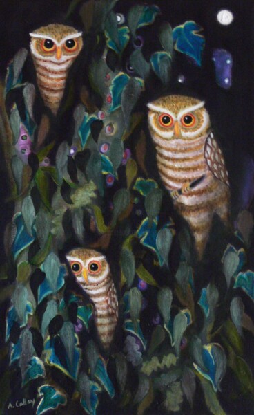 Painting titled "Three Owls" by Collay Anne, Original Artwork, Oil Mounted on Wood Stretcher frame