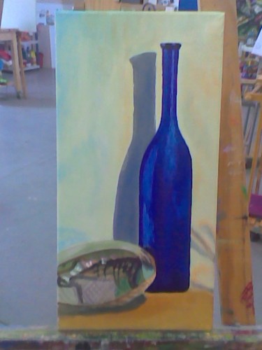Painting titled "Botella azul y cara…" by María Montal Riba, Original Artwork, Oil
