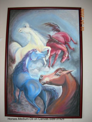 Painting titled "Horses" by Renu, Original Artwork, Oil