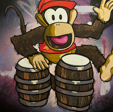 Painting titled "Diddy Kong" by Comains, Original Artwork, Acrylic Mounted on Wood Stretcher frame