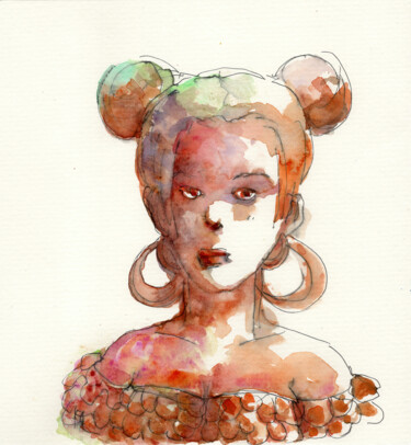 Peinture intitulée "Femme aux pompons" par Côme Sonnet, Œuvre d'art originale, Aquarelle
