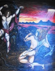 Pittura intitolato "prometeo and ercole" da Cristian Comsa, Opera d'arte originale, Olio