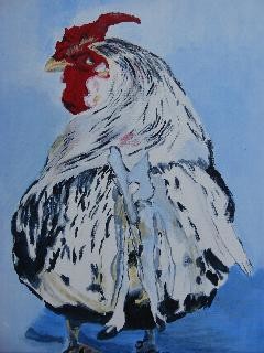 Painting titled "chicken,le coq" by Lisa De Coninck-Matitaputty, Original Artwork