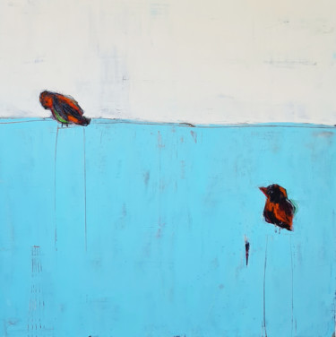 blau beiges Vogelbild - abstrakte Vögel Malerei mit dem Titel "blau beiges Vogelbi…" von Conny Wachsmann, Original-Kunstwerk, Acryl