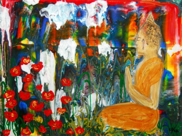 Painting titled "Buddha in lotus fie…" by Conrad Bloemers, Original Artwork, Acrylic