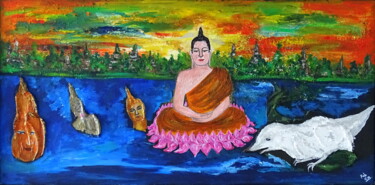 Painting titled "4 Buddha's on the r…" by Conrad Bloemers, Original Artwork, Acrylic
