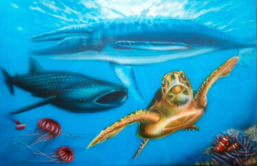 Painting titled "Under water world" by Conrad Willemsen, Original Artwork, Airbrush Mounted on Wood Stretcher frame