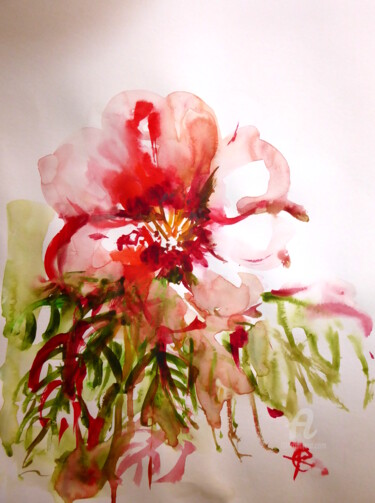 Painting titled "Fleur rouge" by Constance Robine, Original Artwork, Watercolor