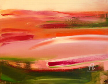 Painting titled "Pink Green Horizon" by Constance Robine, Original Artwork, Acrylic Mounted on Wood Stretcher frame