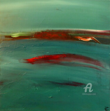 Painting titled "Turquoise Red Horiz…" by Constance Robine, Original Artwork, Acrylic Mounted on Wood Stretcher frame