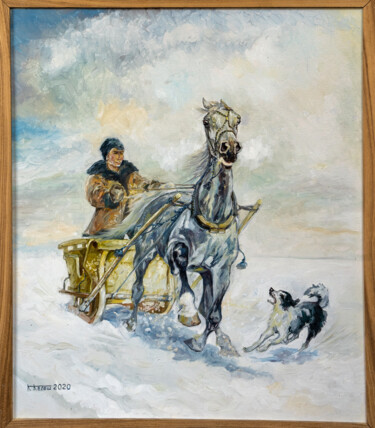 Painting titled "По первому снегу" by Constantin Cheles, Original Artwork, Oil Mounted on Wood Stretcher frame