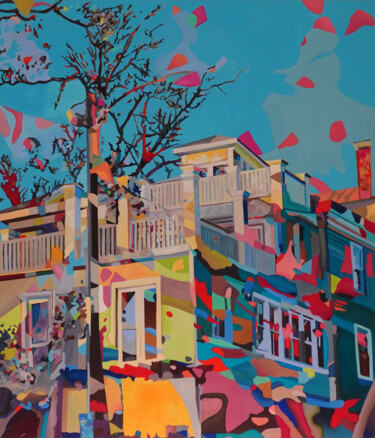 Painting titled "Urban Fall" by Constantin Roucault, Original Artwork, Oil Mounted on Wood Stretcher frame