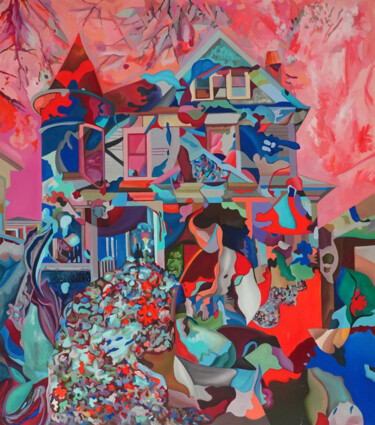 Malerei mit dem Titel "The House in Bloom" von Constantin Roucault, Original-Kunstwerk, Öl