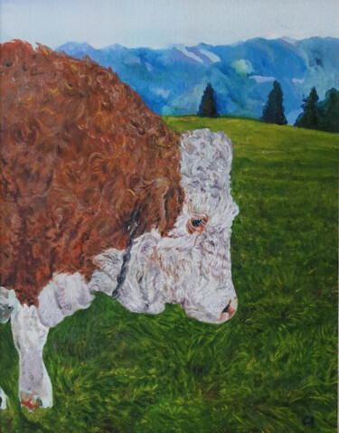 Картина под названием "Young Bull" - Constantin Roucault, Подлинное произведение искусства, Масло Установлен на Деревянная р…