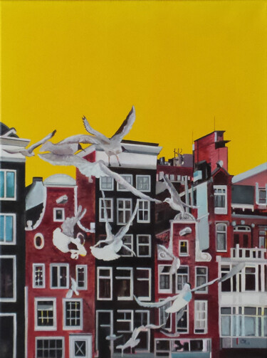 Painting titled "Gulls in Amsterdam" by Constantin Roucault, Original Artwork, Oil