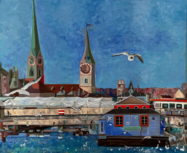 Картина под названием "Zuerich Limmatstadt" - Constantin Roucault, Подлинное произведение искусства, Масло Установлен на Дер…