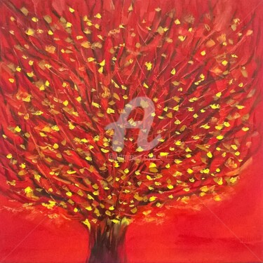 Painting titled "RED AUTUMN" by Constantin Popescu, Original Artwork, Oil Mounted on Wood Stretcher frame
