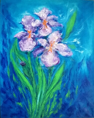 Painting titled "IRISES" by Constantin Popescu, Original Artwork, Oil Mounted on Wood Stretcher frame