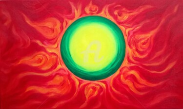 Painting titled "THE GREEN SUN" by Constantin Popescu, Original Artwork, Oil Mounted on Wood Stretcher frame
