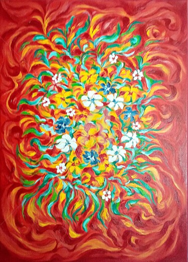 Painting titled "BOUQUET" by Constantin Popescu, Original Artwork, Oil Mounted on Wood Stretcher frame