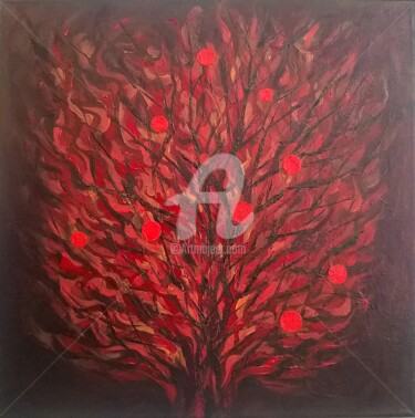 Painting titled "THE FIRE TREE" by Constantin Popescu, Original Artwork, Oil Mounted on Wood Stretcher frame