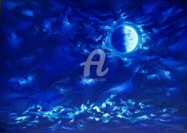 Painting titled "HALF MOON" by Constantin Popescu, Original Artwork, Oil Mounted on Wood Stretcher frame
