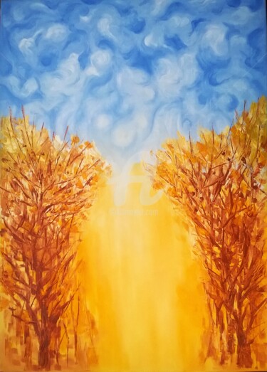 Painting titled "AUTUMN SKY" by Constantin Popescu, Original Artwork, Oil Mounted on Wood Stretcher frame