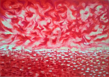 Painting titled "IN RED" by Constantin Popescu, Original Artwork, Oil Mounted on Wood Stretcher frame