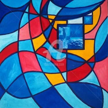 Painting titled "THE BLUE SQUARE" by Constantin Popescu, Original Artwork, Oil Mounted on Wood Stretcher frame
