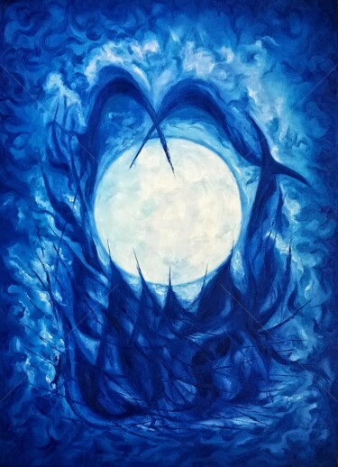Painting titled "BLUE MOON" by Constantin Popescu, Original Artwork, Oil Mounted on Wood Stretcher frame