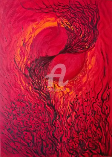 Painting titled "THE BIG RED" by Constantin Popescu, Original Artwork, Oil Mounted on Wood Stretcher frame