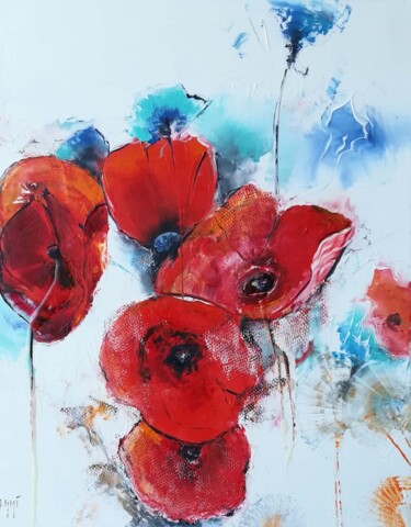 Painting titled "COQUELICOTS" by Malika Hachemi Milhorat, Original Artwork, Oil Mounted on Wood Stretcher frame