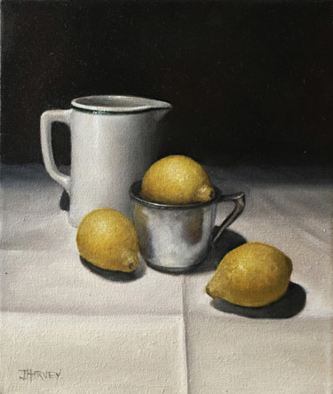 Painting titled "Lemons with White J…" by Judith Harvey, Original Artwork, Oil