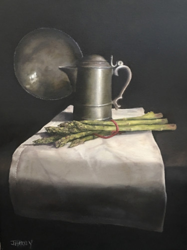 Painting titled "Pewter and Asparagus" by Judith Harvey, Original Artwork, Oil