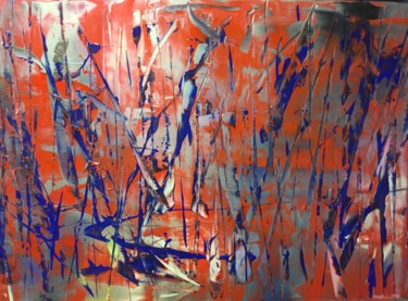 Painting titled "blue on red" by Greg Powell, Original Artwork, Enamel