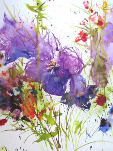 Pintura intitulada ""violet flower"" por Heike Renz, Obras de arte originais, Aquarela