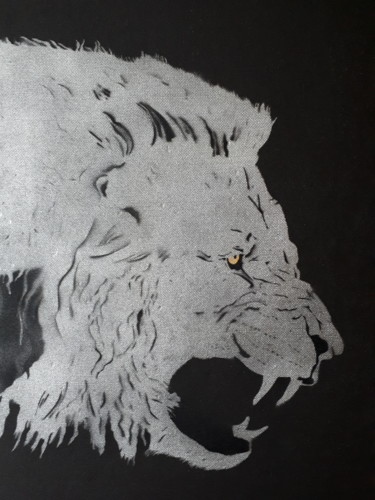 Painting titled ""Silver Lion"" by Vincent Parmentier, Original Artwork, Stencil Mounted on Wood Panel