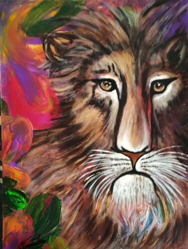 Malarstwo zatytułowany „LION” autorstwa Brigitte Parmentier, Oryginalna praca, Akryl