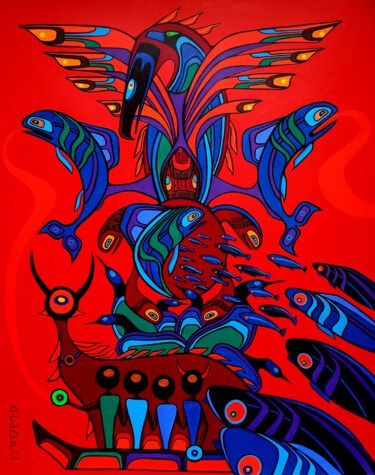 Painting titled "Totemic Guardians o…" by Ritchie Sinclair, Original Artwork, Acrylic Mounted on Wood Stretcher frame