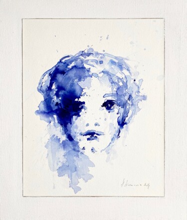 Painting titled ""Fille blue" 2024" by Hanna Sidorowicz, Original Artwork, Ink Mounted on Wood Stretcher frame