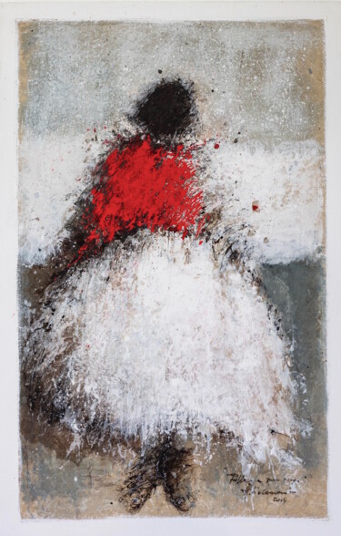 Painting titled ""MENINE ROUGE"2014" by Hanna Sidorowicz, Original Artwork, Tempera Mounted on Wood Stretcher frame