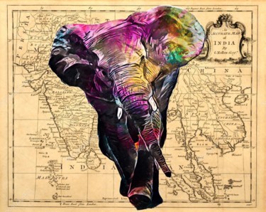 Digital Arts titled "Elephant at Holi Fe…" by Cham'S, Original Artwork, Digital Painting