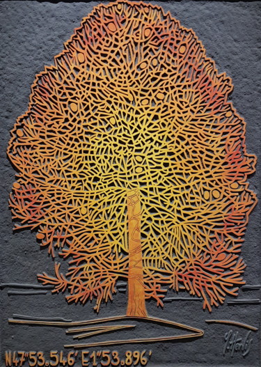 ""Araucaria du jardi…" başlıklı Baskıresim Yann Hervis tarafından, Orijinal sanat, Ksilografi Ahşap Sedye çerçevesi üzerine…