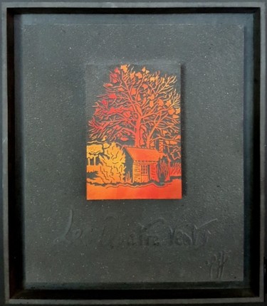 Peinture intitulée ""Les quatre vents"" par Yann Hervis, Œuvre d'art originale, Xylographie Monté sur Panneau de bois