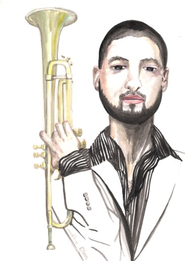 Peinture intitulée "Ibrahim Maalouf" par Catherine Maublanc, Œuvre d'art originale, Aquarelle