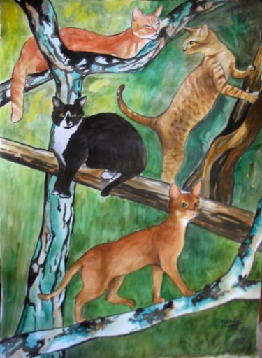 Painting titled "Cats on the trees" by Fernanda Costa, Original Artwork