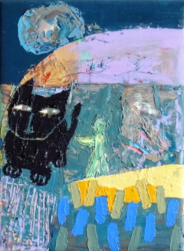 Malerei mit dem Titel "Planet mit Katze" von Tilman Flatt, Original-Kunstwerk, Öl