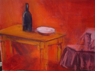 Painting titled "table et bouteille" by Monique Copolata, Original Artwork, Acrylic Mounted on Wood Stretcher frame