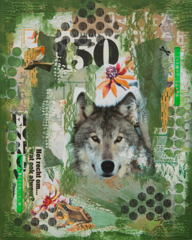 Collages getiteld "Wolf" door Cora Westerink, Origineel Kunstwerk, Collages Gemonteerd op Frame voor houten brancard